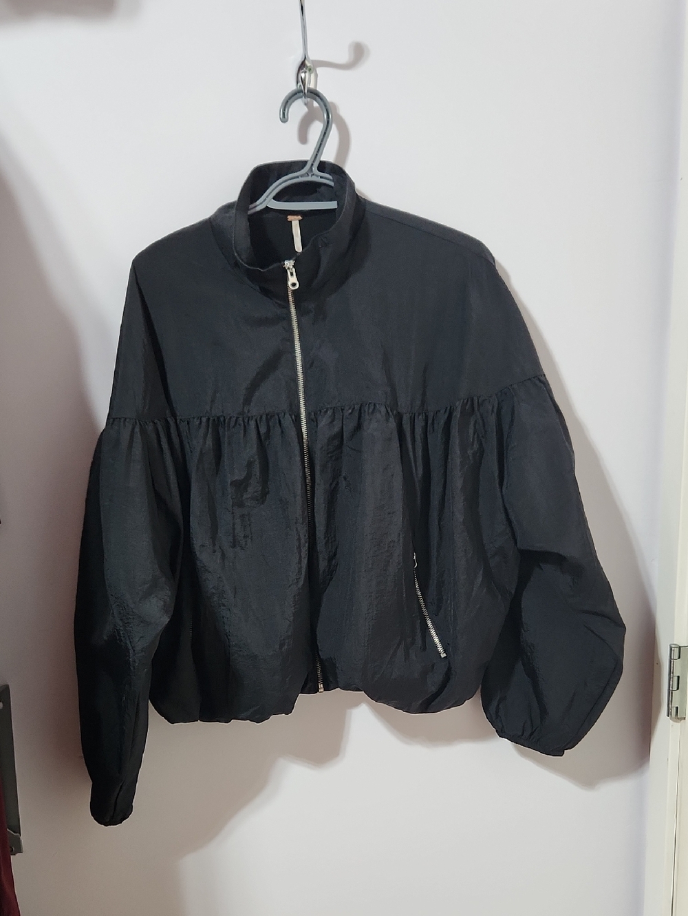 Free People Black Cropped Bomber Jacket with Gathered Waist